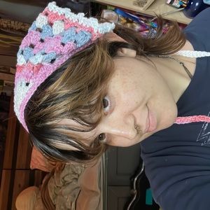 Beautiful pink blue and white crocheted (by me!) bandana!! 🐷